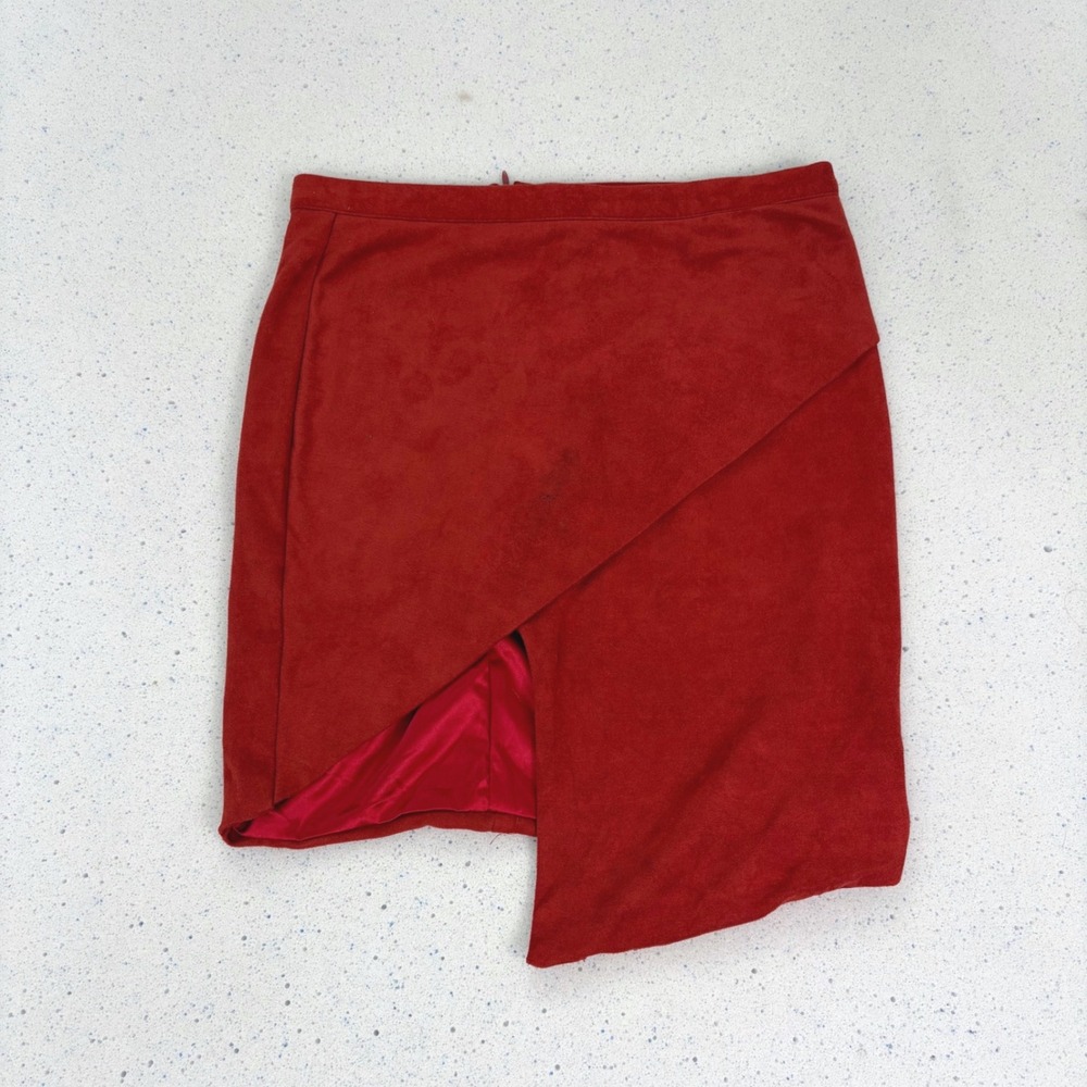 Y2K Red Faux Suede Asym Wrap Pencil Midi Skirt Stretch Valentine's Velour NWT M